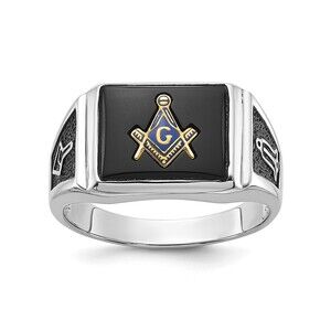 10k White Gold Genuine Fine Jewelry Men's  Black Enamel & Onyx Masonic Ring